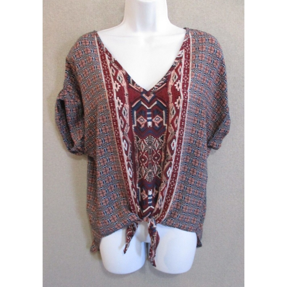 Hummingbird Boho Aztec Print Cap Sleeve Tie Front Hi Lo Tunic Women's Sz Sm